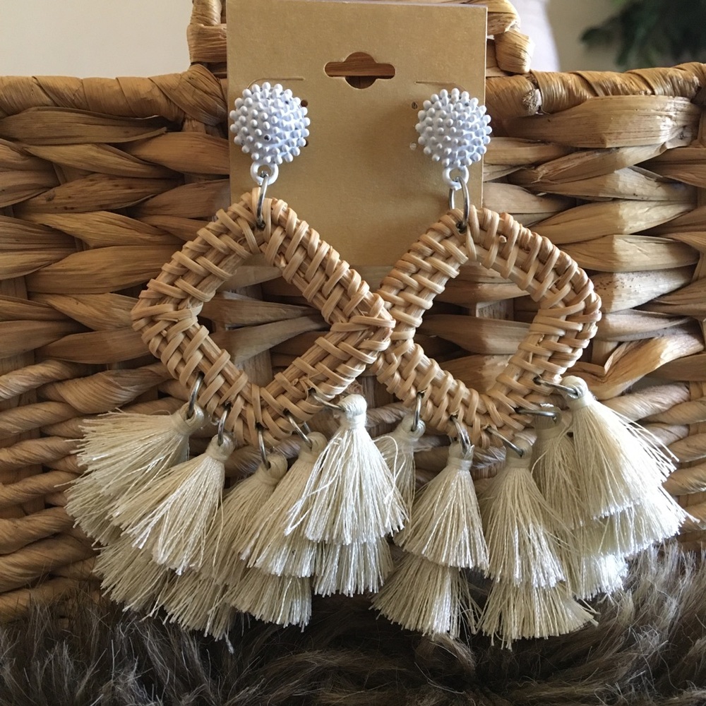 Boho large basket weave tassel pierced earrings